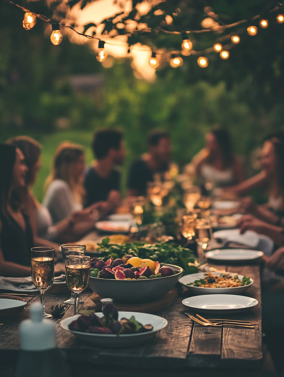 Outdoor dinner party with people seated around a table set for a meal, illuminated by string lights.