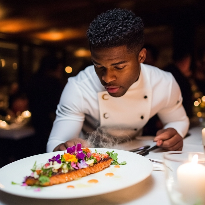 Chef preparing a dish with colorful garnishes in a restaurant setting