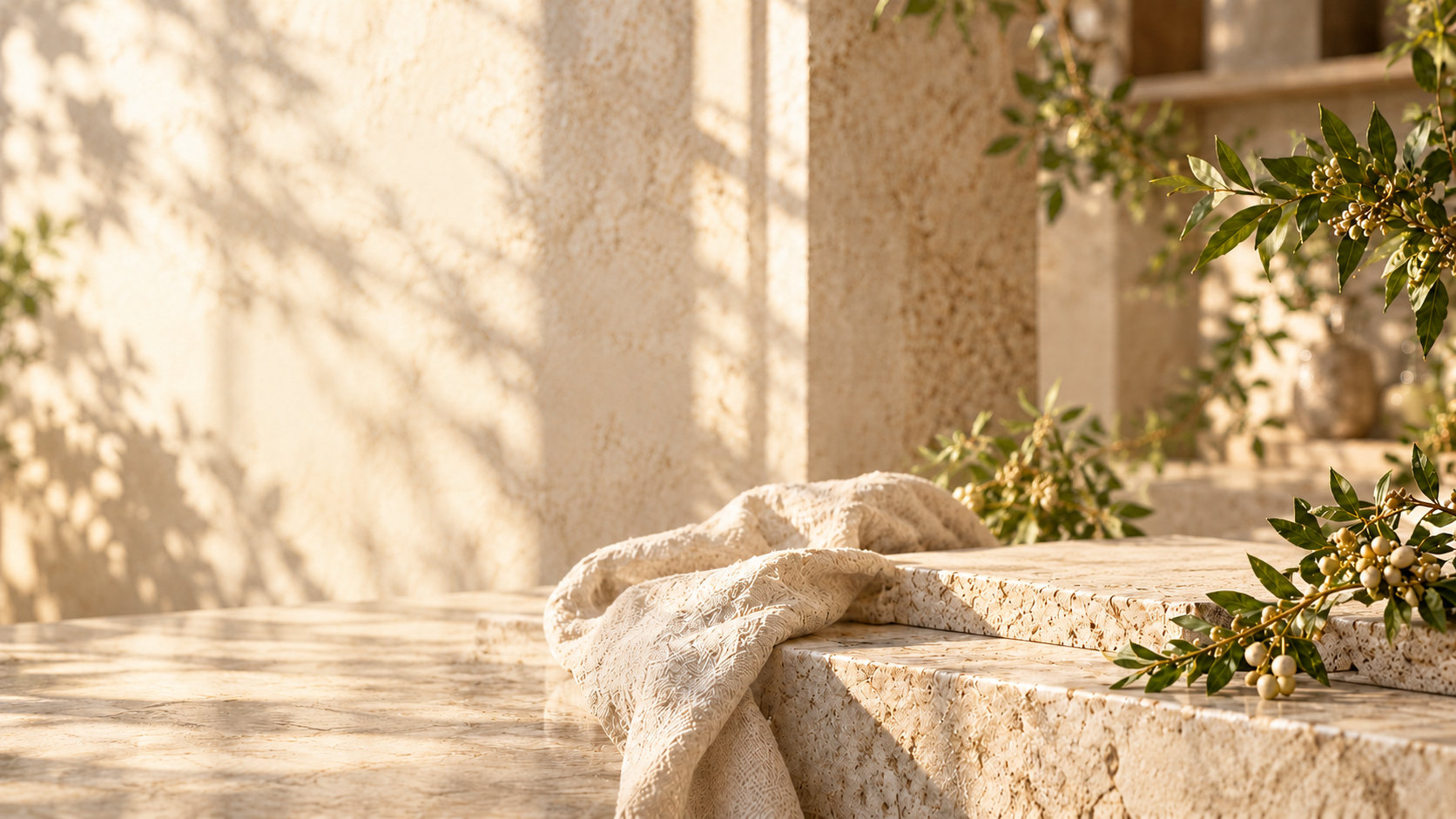 Sunlit pale stone, linen and green foliage in the approved Apothecary atmosphere still.