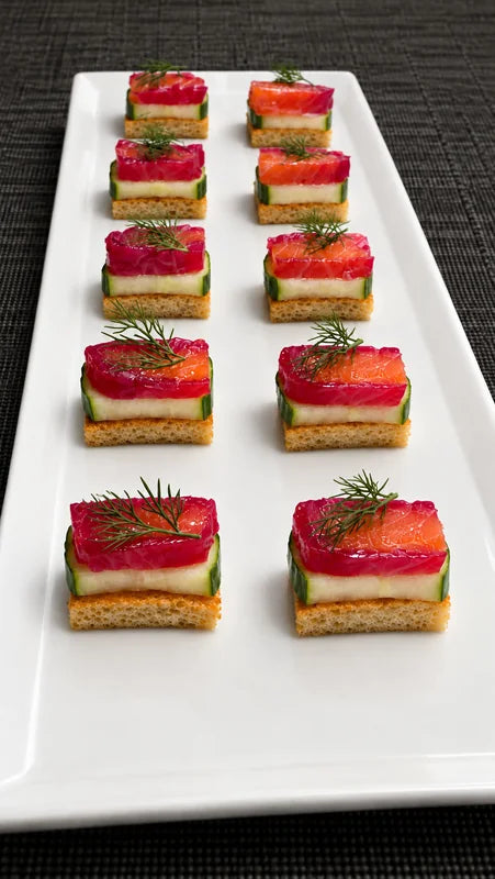 Rows of small red-topped bites on a white rectangular platter.