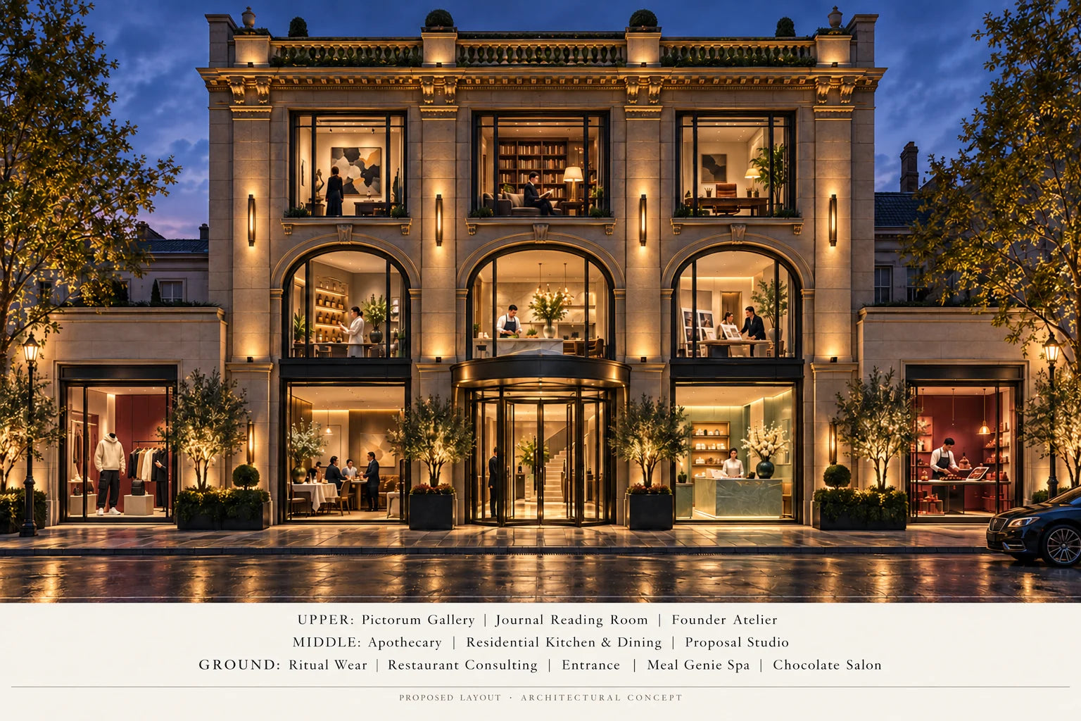 An illustrated limestone mansion at dusk, with warm rooms and a bronze central entrance.